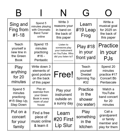 BEGINNING BAND CHRISTMAS BREAK BINGO Card