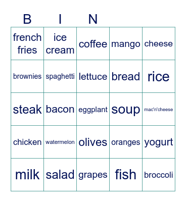 FOOD Bingo Card