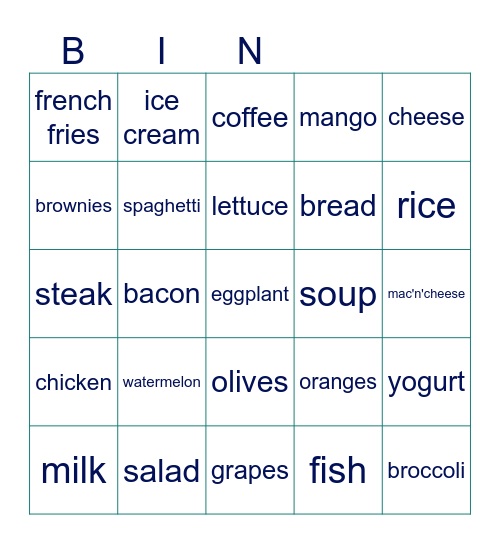 FOOD Bingo Card