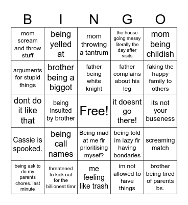 parents moments during holidays Bingo Card
