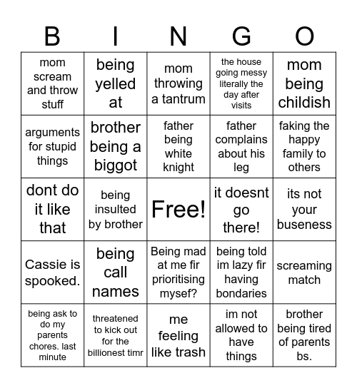 parents moments during holidays Bingo Card