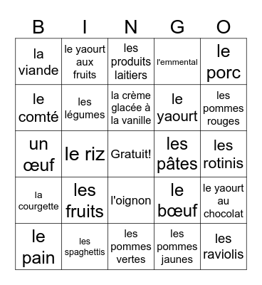Les aliments Bingo Card