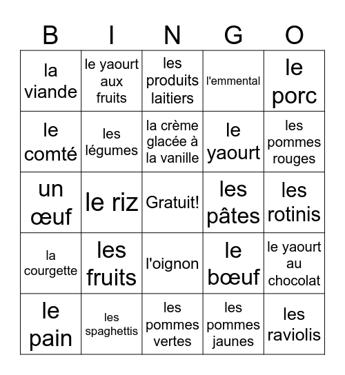 Les aliments Bingo Card