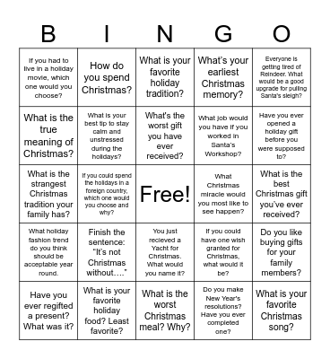 B1/ B2 Christmas Questions Bingo Card