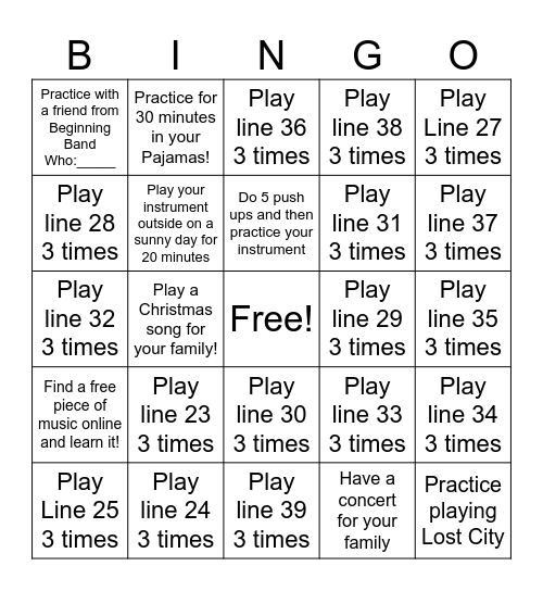 Christmas Break- Beginning Band Bingo Card