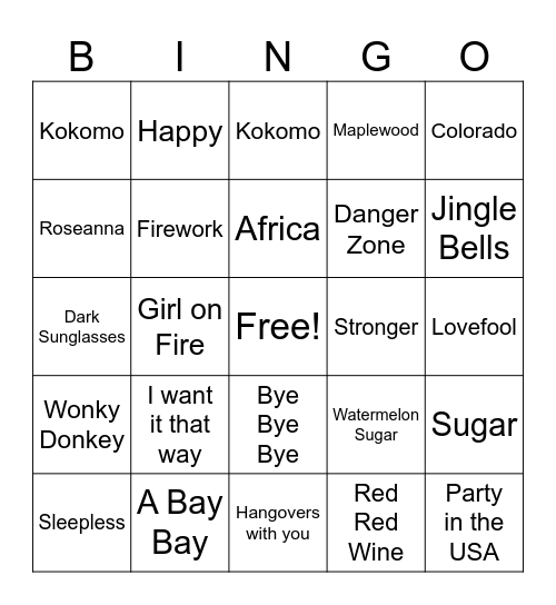 Music Bingo Card