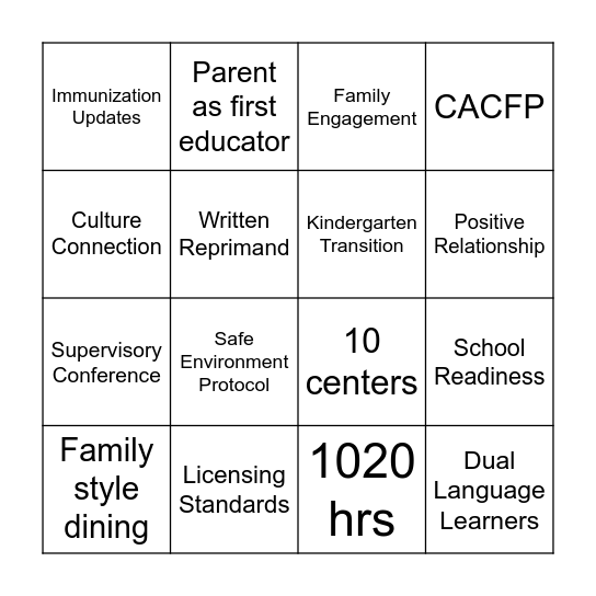 Program Goal BINGO Card