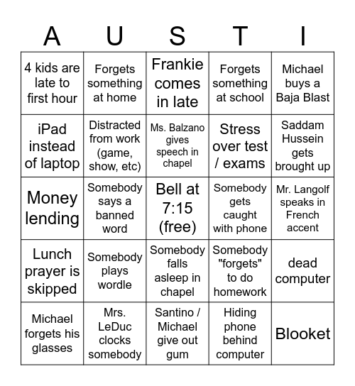 Austin Bingo Card