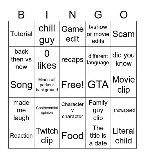 YouTube shorts Bingo Card