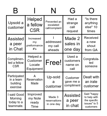 Customer Service Bingo Card