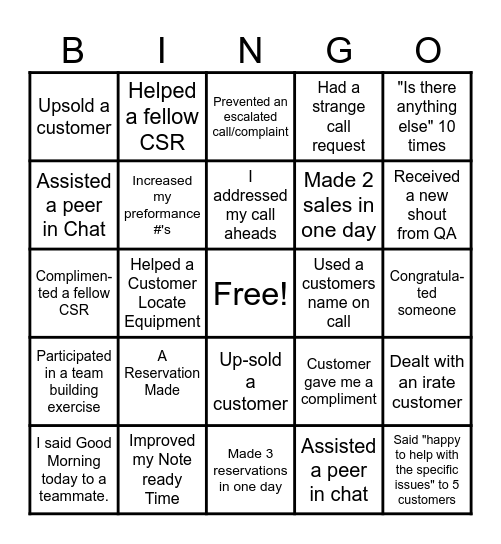 Customer Service Bingo Card