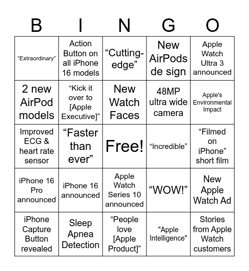 Apple Keynote 2024 Bingo Card