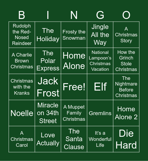 Holiday Movie Trivia Bingo Card