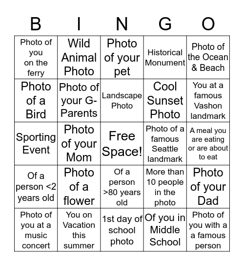 Smart Phone Photo Bingo Card
