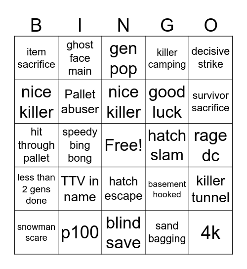 dead by daylight bingo Card