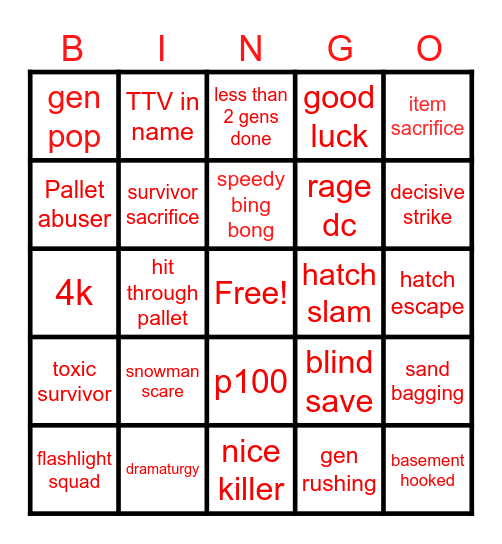 dead by daylight bingo Card