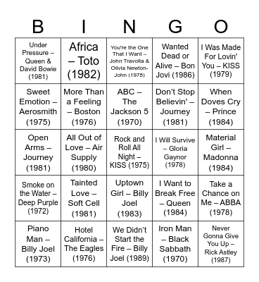 70s and 80s Rock and Pop Bingo Card