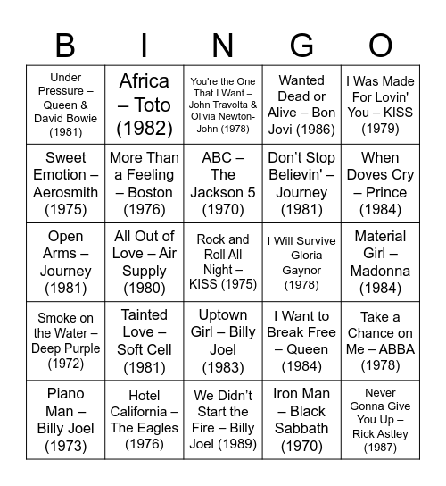 70s and 80s Rock and Pop Bingo Card