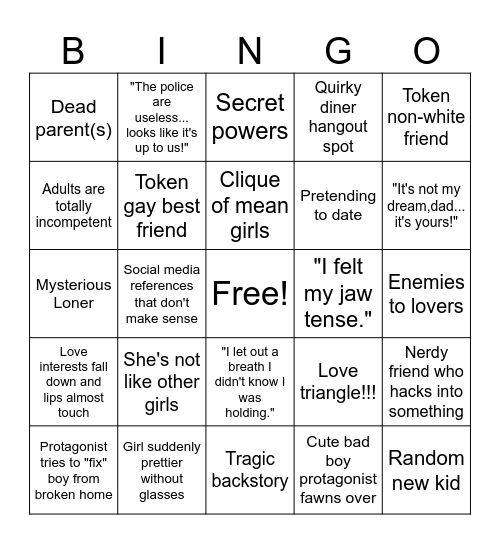 YA Trope Bingo Card