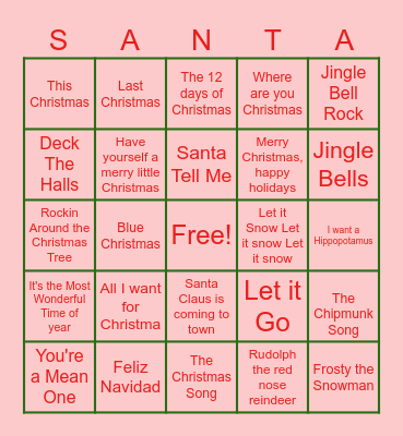 Christmas Songs Bingo Card