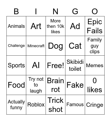 Yt shorts bingo Card
