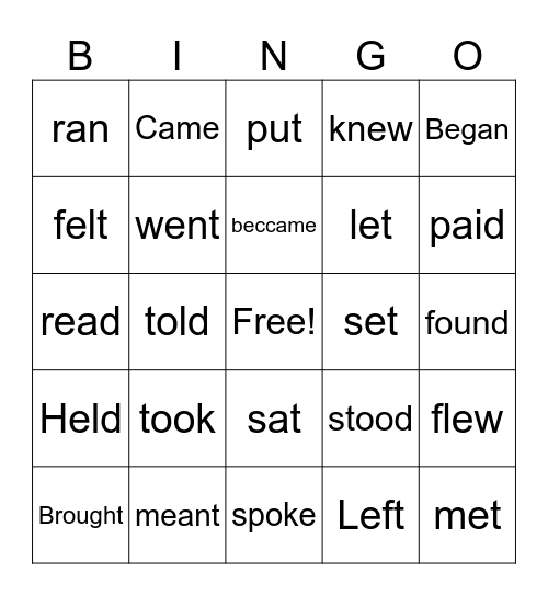 Past Tense Bingo Card