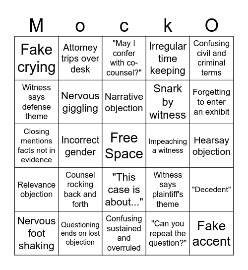 Mock Trial Bingo Card