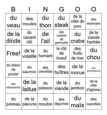 De la viande, du poisson, des légumes Bingo Card