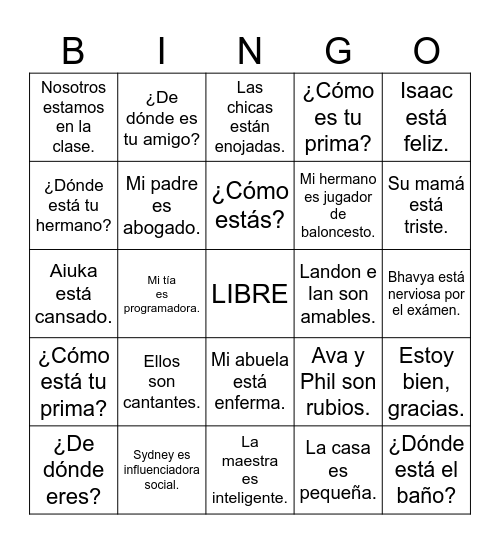 Estar or Ser Bingo Card