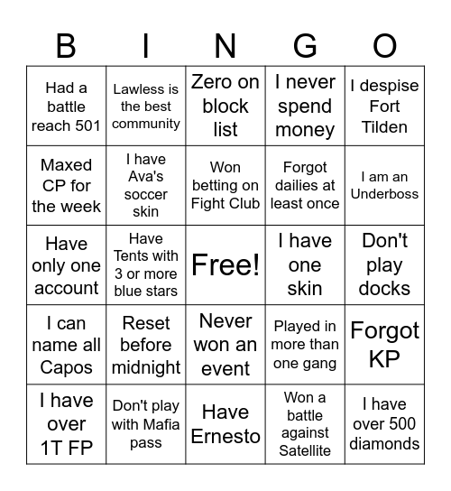 Idle Mafia Bingo 2 Bingo Card