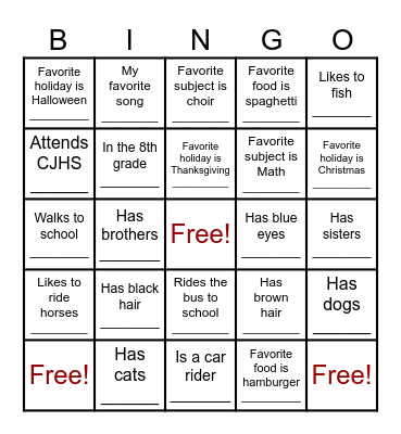 ABOUT ME... Bingo Card