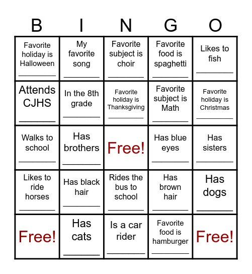 ABOUT ME... Bingo Card