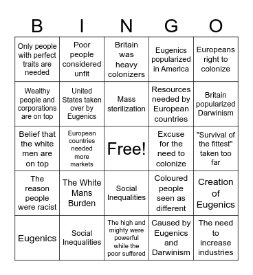 Social Darwinism Bingo Card