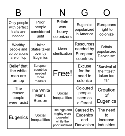 Social Darwinism Bingo Card