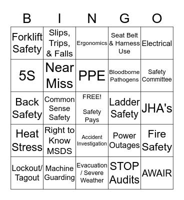 WOODCRAFT - MIDDLEFIELD   SAFETY BINGO Card