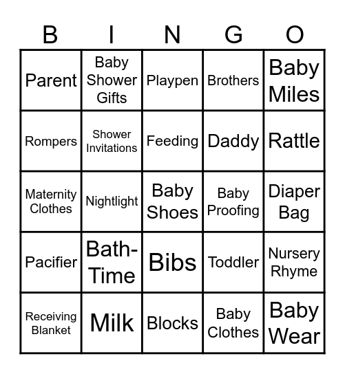 Miles Greyson’s Baby Shower Bingo Card