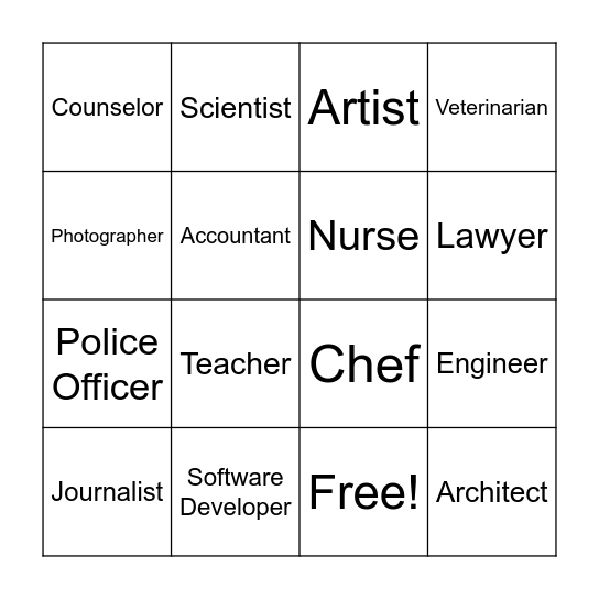 Career Options Bingo Card