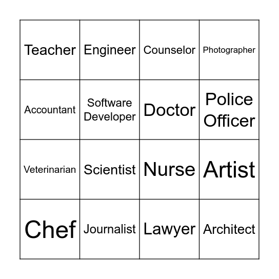 Career Options Bingo Card