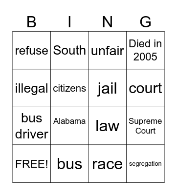 The Life of Rosa Parks Bingo Card