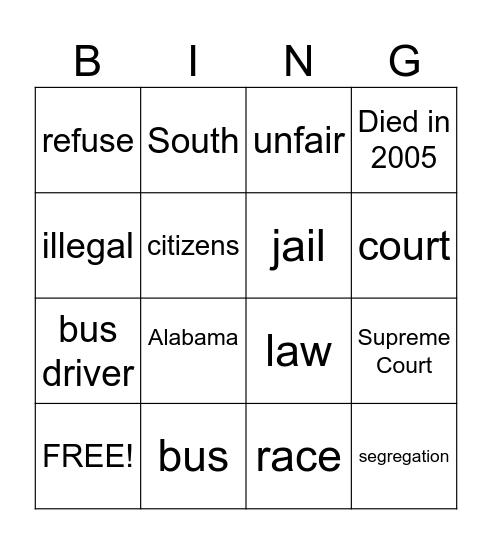 The Life of Rosa Parks Bingo Card