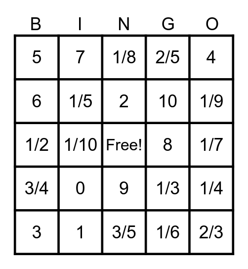 Fraction Bingo Card