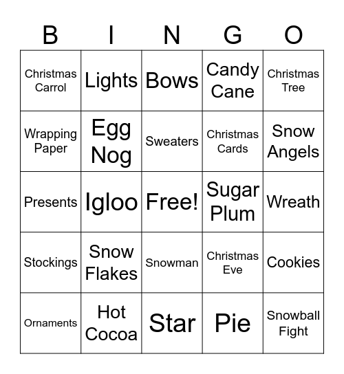 Winter Holiday Bingo Card