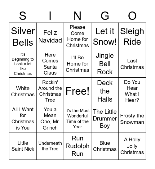 Winter Party Singo Bingo Card