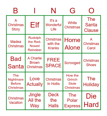 Christmas Movie Songs BINGO Card