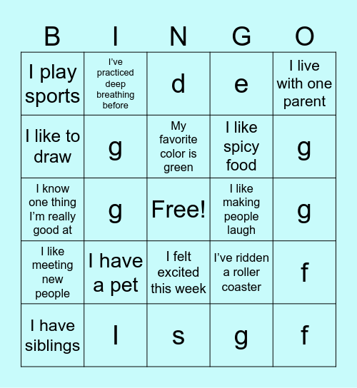 Inside of Me Bingo Card