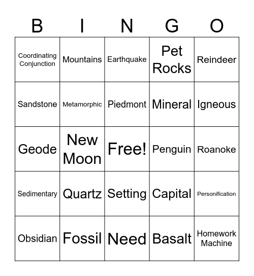 Rock Bingo Card