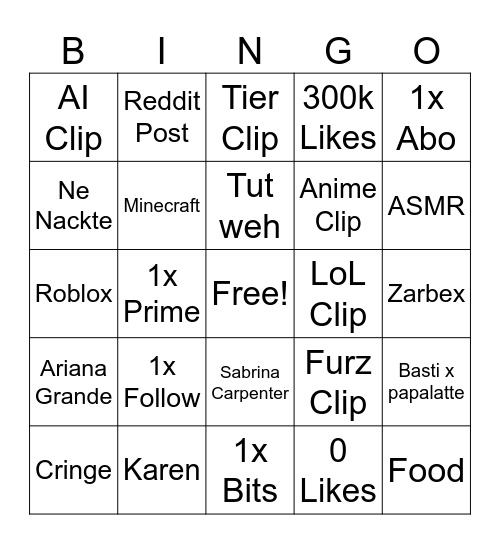 TikTok Bingo Card