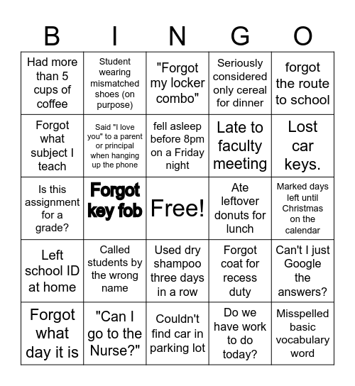 Tired Teachers and Staff Bingo Card