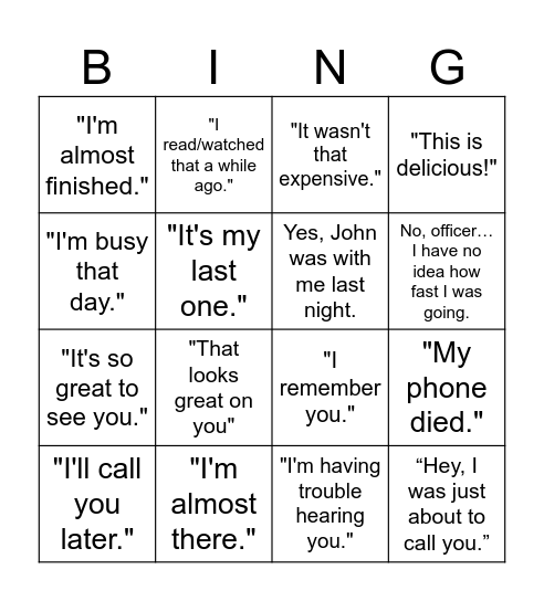 White Lies Bingo Card