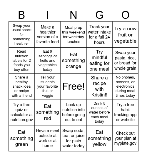 Nutrition & Healthy Diet Choices Bingo Card